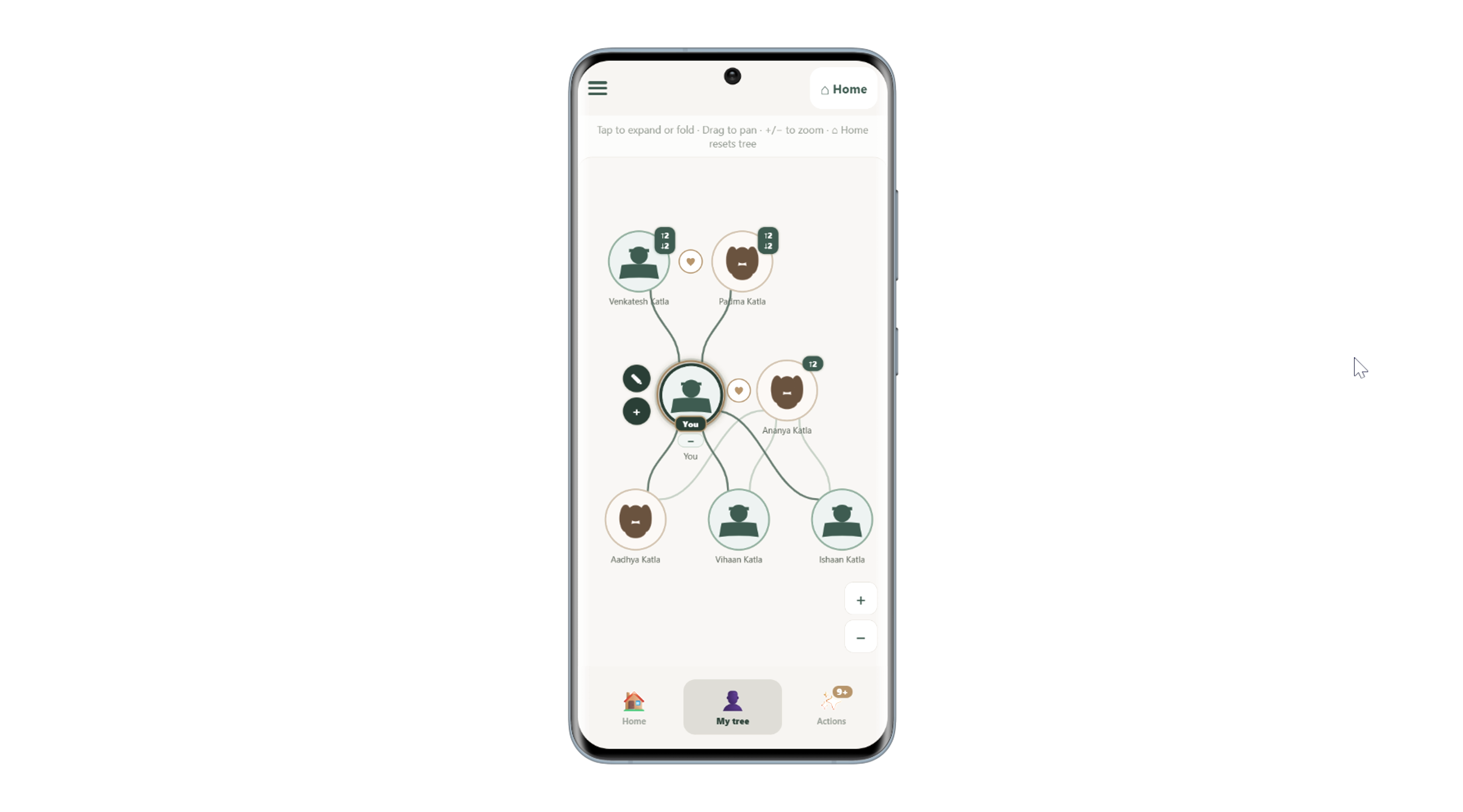 Anvaya on phone — My tree screen with family bubbles